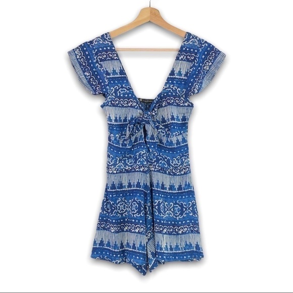 House of Harlow 1960 - White / Blue Pattern Front Tie Romper - XS - Picture 1 of 9